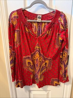 Lucky Brand Boho Paisley Red Long-Sleeve Women's Top